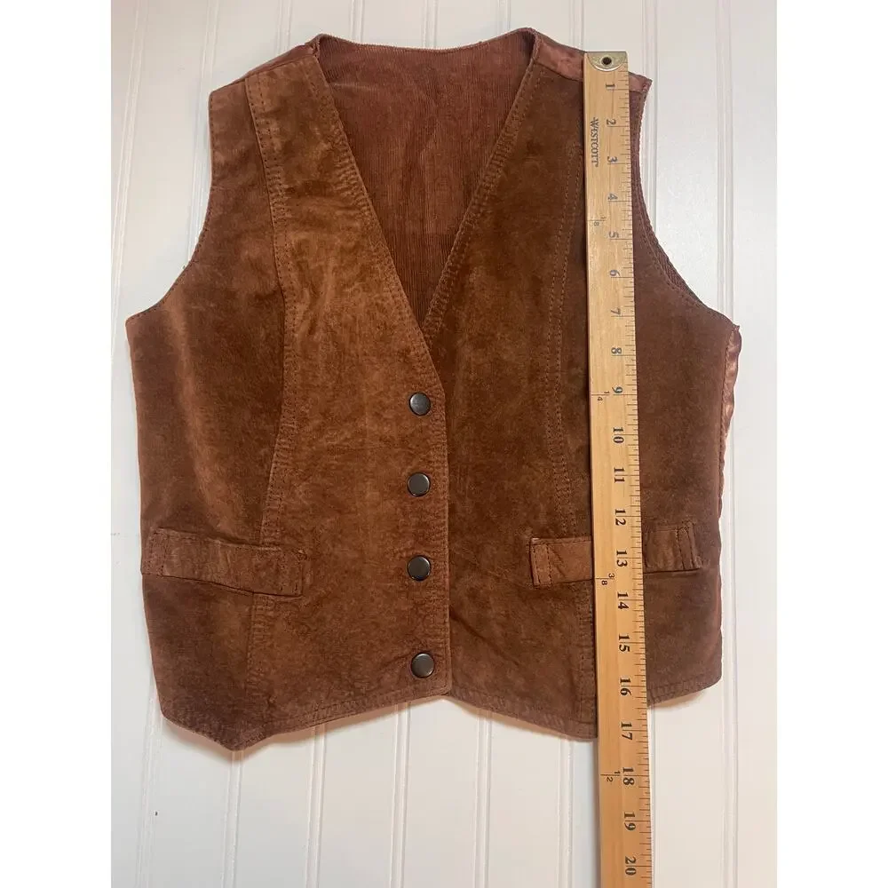 VTG Reversible Leather Suede Corduroy Vest Pointed Front Waist Coat Womens Small - Picture 2 of 8